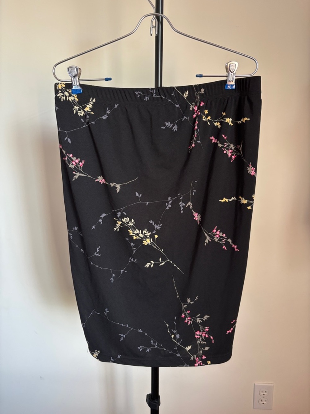 Black Floral Pencil Skirt with Pink and Yellow Sprigs